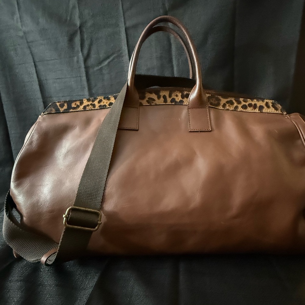 Brown Leather Men's Bag with Leopard Print